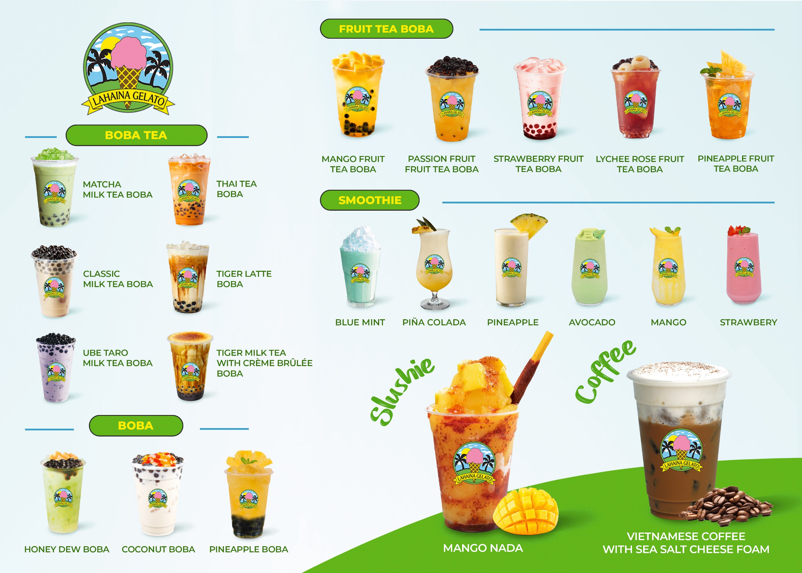 Lahaina Gelato drink menu showing boba teas, fruit tea boba, smoothies, Mangonada and Vietnamese coffee